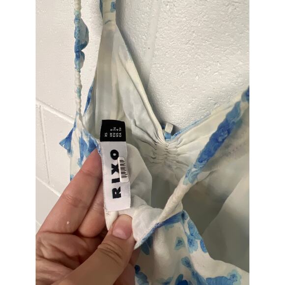 Rixo XS 0-2 Blue White Floral Print Cecile Sleeveless Ruffled Midi Dress print - Picture 7 of 7